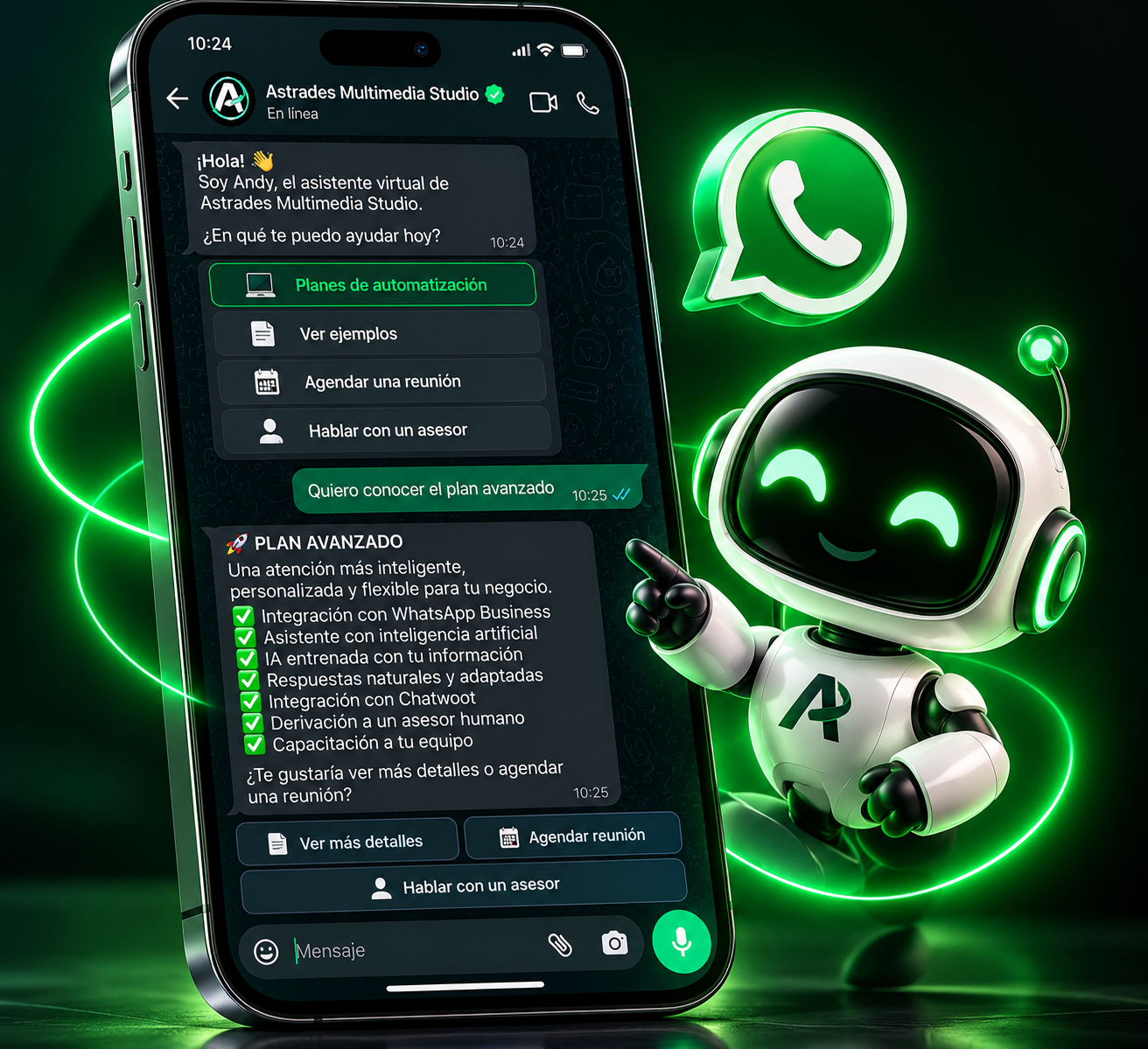 Celular mostrando una conversación del chatbot de Astrades Multimedia Studio